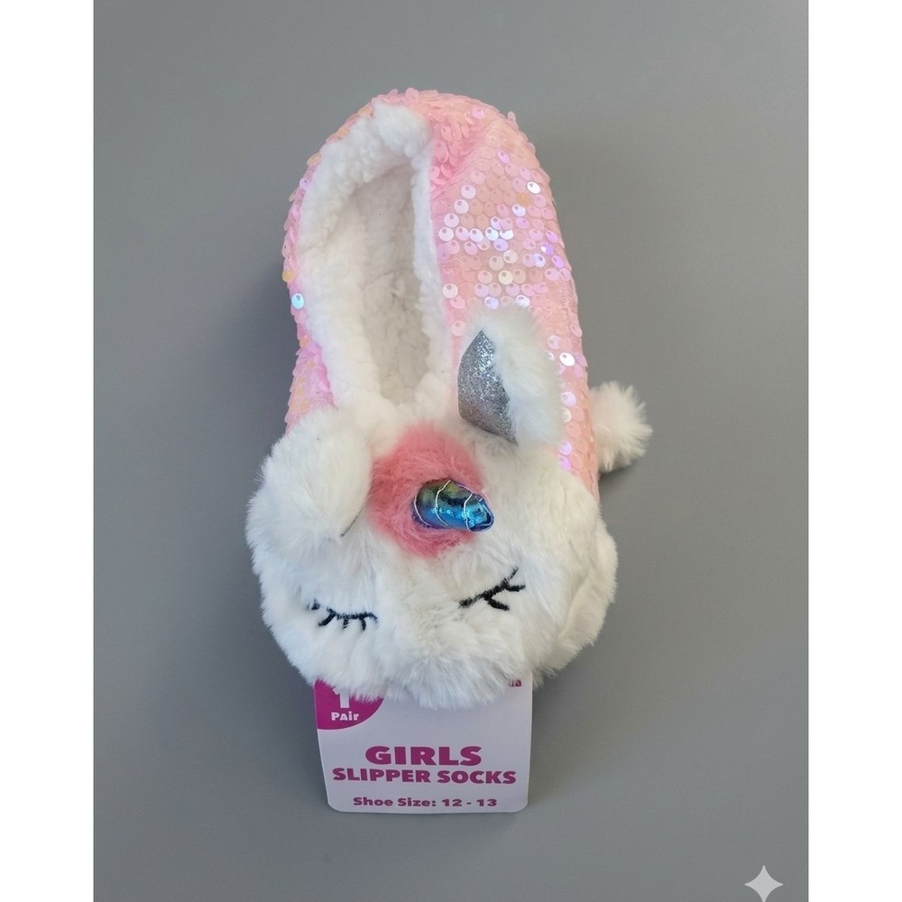 Girls Pink/White Slipper Socks Size 12-13 Faux Fur Lined Sequin Unicorn Slip-On